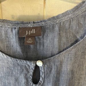 J Jill Blue & White Stripe Linen Hooded Pullover Tunic Top MEDIUM PETITE